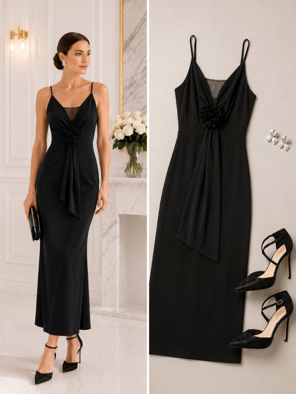 AUW Black Floral Detail Evening Dress Size L Fits M Cocktail Formal Event Dress